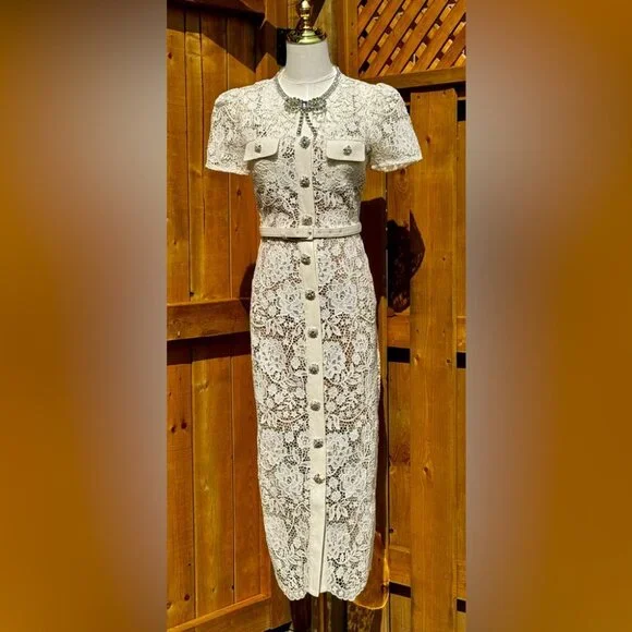 🆕 SELF-PORTRAIT 🧿 BNWOT Cream Lace Diamante Bow Midi Dress, Sz US 2 / UK 6 - Picture 8 of 16